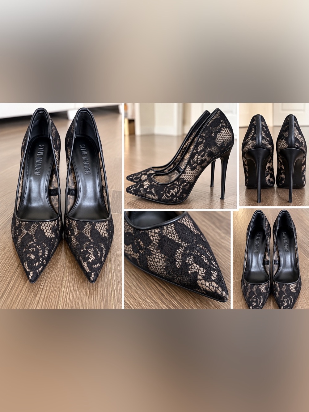 Steve Madden Black Lace Pointed Pumps with Nude Underlay